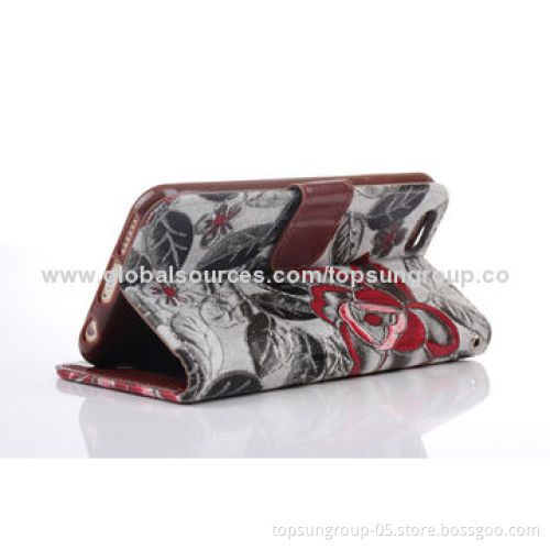 PU Leather Cases for iPhone 6, Floral Pattern with Card Slots and Hanging Rope